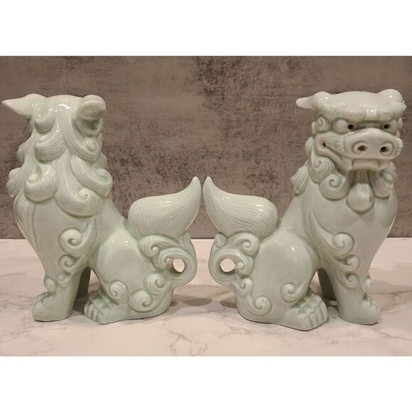 Foo Dogs 6" Green Wash Porcelain Shishi Figurines Vintage Set of 2 Komainu EUC - Picture 9 of 15